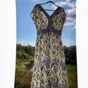 NWT DRESS Rachel Zoe Cream and Blue Floral Maxi Floral Vintage Retro Style SZ:M